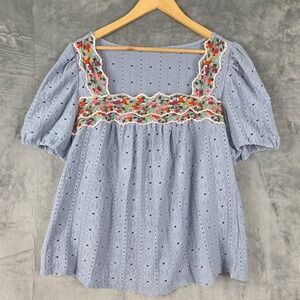 Womens Top 1XL Blue Cottagecore Boho Eyelet Stretch Peasant Embroidered Floral